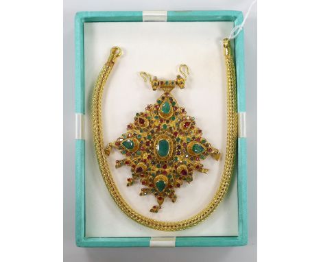 A 20th century Thai high grade yellow metal, ruby, emerald and rose cut diamond cluster set drop pendant, 95mm, on a high gra