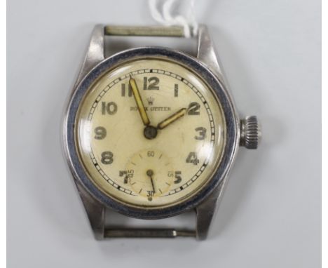 A 1940's boy's size stainless steel Rolex Oyster manual wind wrist watch, no strap, case diameter 30mm, with case back inscri
