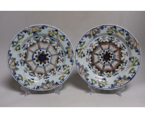 A pair of 18th-century English delftware polychrome plates, 23cm