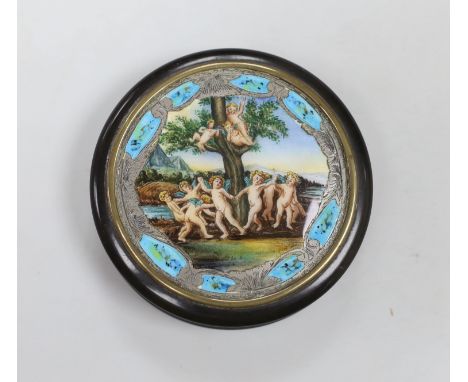 A 19th century circular tortoiseshell box, with ornate enamel and white metal cover, 8cm diameter