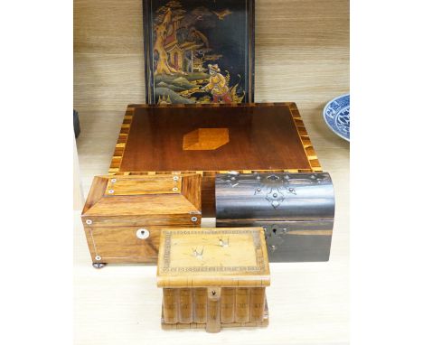 A Victorian coromandel stationary box, a rosewood tea caddy, an olive wood jewellery casket, a mahogany box and a chinoiserie