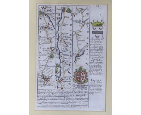 18th century English School, coloured engraving, Road map; The Bishopric of Lichfield, The Deanery of Litchfield verso, 19 x 