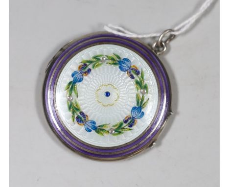 A mid 20th century white metal and polychrome enamel handbag compact, (lacking mirror?), 39mm.