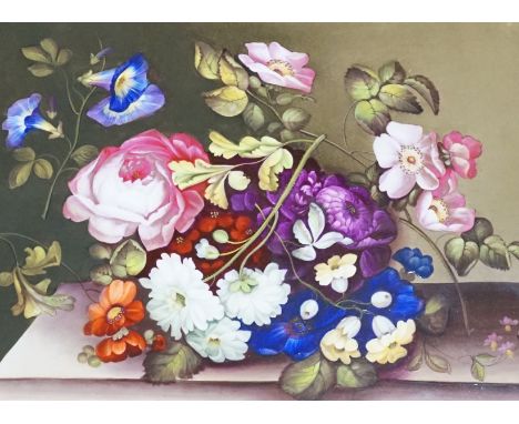 A 19th century English porcelain plaque of flowers on a ledge, in gilt frame, overall 41 x 35cm
