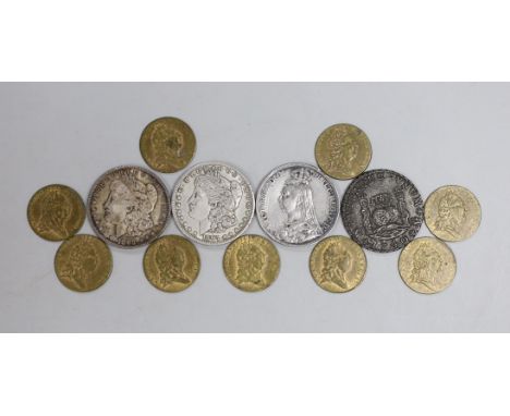 Coinage: a Victoria crown 1891 and two US Morgan dollars 1897 and 1896 dollar etc