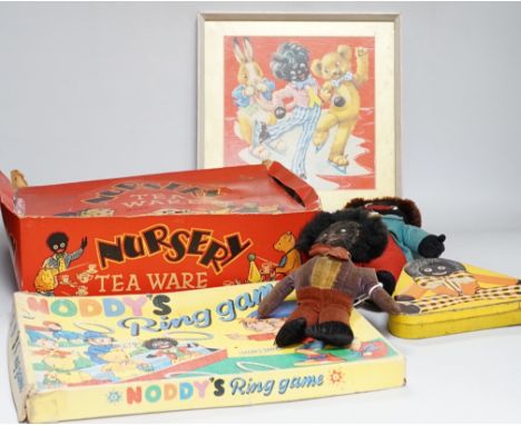 Noddy game, a golly and bear framed picture, a boxed child's teaset , a golly tin box, a Merrythought golly and a Norah Welli