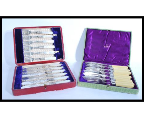 A good silver plated and mother of pearl handled cased knife and fork set by&nbsp;Charles Boyton &amp; Son - London. Together