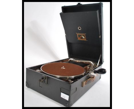 A vintage 20th Century Edwardian HMV His Masters Voice portable picnic gramophone Model 102 dating from 1930's. When closed m