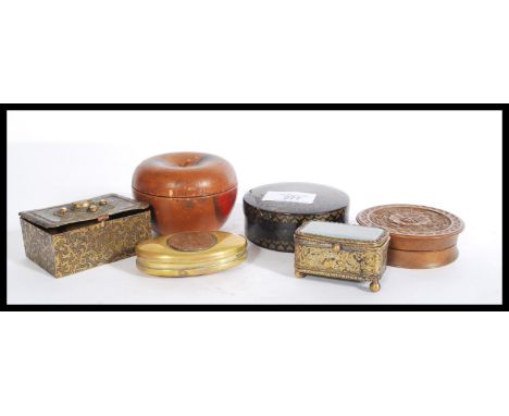 A group of vintage trinket boxes dating from the 19th century to include treen , bevelled glass lidded , apple , brass inset 