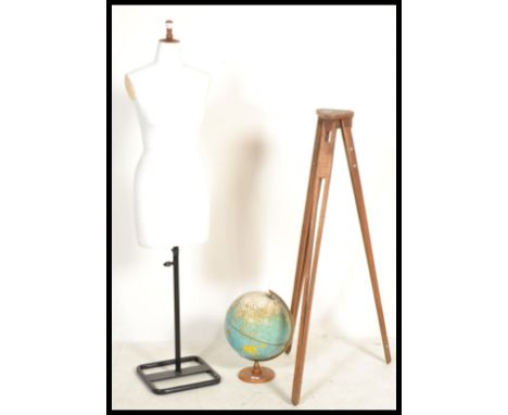 A vintage retro 20th century Lindsell tailors dummy mannequin along with a surveyors tripod stand and a Crams Imperial world 