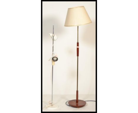 A vintage 20th century retro&nbsp; teak wood and brass floor standard lamp with shade together with a twin spot floor lamp in