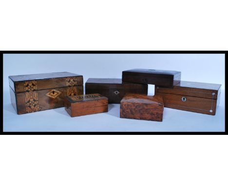 A collection of antique wooden work boxes dating from the 19th century to include tunbridge ware&nbsp; , cribbage box , walnu