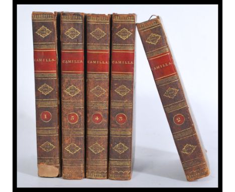 &nbsp;Camilla, A Picture Of Youth, 5 volumes published 1802, gilt calf with red labels, family coat of arms to front cover fo