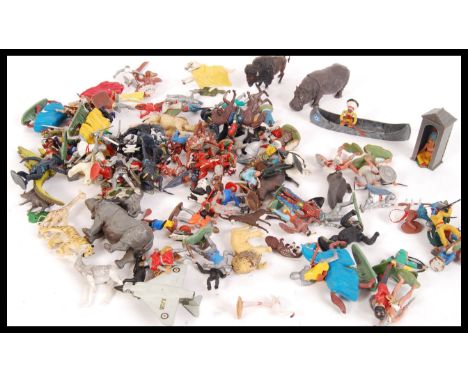 A collection of original vintage Britains toy figures and soldiers, from different series, to include: Knights , Zoo and Indi