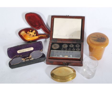 A 19th century cased set of apothecary weights together with meerschaum pipe in case with amber bakelite stem, brass oval snu