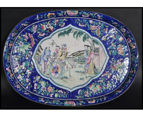 A stunning 18th century&nbsp;Qianlong&nbsp;period Chinese enamel cloisonne gallery edge tray on blue ground with a central ca