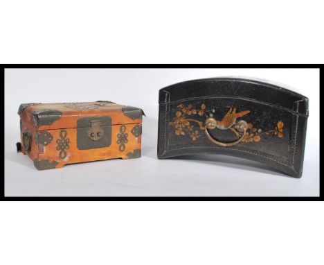 Two vintage 20th century Oriental Chinese boxes to include a lacquered example decorated with domestic scenes and a brass ban