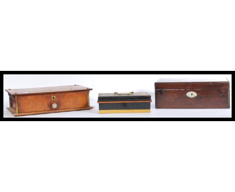 A 19th century rosewood workbox with mother of pearl ivory cartouche complete with triple barrel lock and key together with a