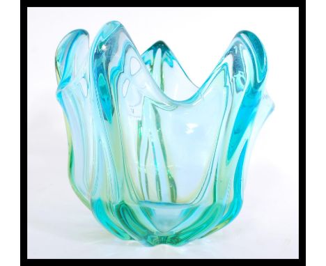 A vintage retro 20th century Scandinavian studio art glass bowl in a green and blue colouring. Measures 19 cm high.