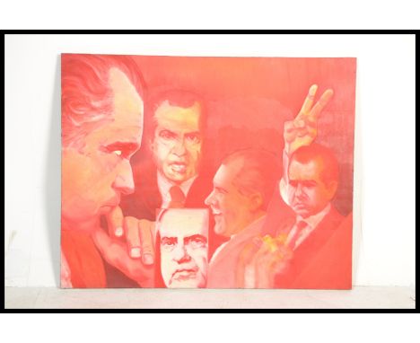 A vintage / retro 20th century montage oil on canvas painting of President Nixon in varies poses signed to the verso by the a