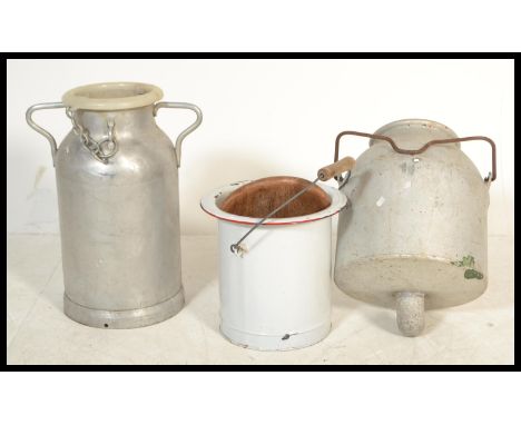 A vintage retro 20th century enamel bucket along with a vintage steel milk dairy bucket and churn. Please see images.