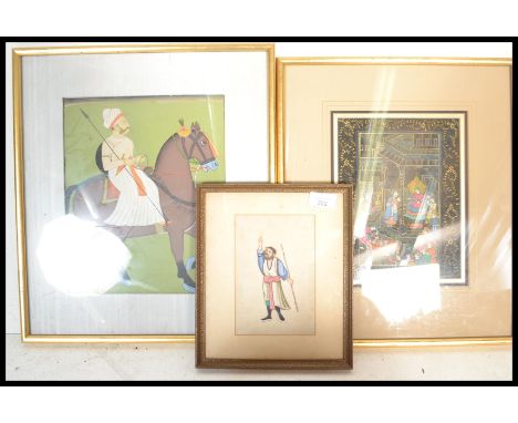 A collection of three framed and glazed Anglo Indian watercolour painting on silks to include Moguls, hunting scenes etc plea