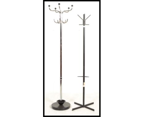 Two vintage space age style upright coat and hat hooks and finial ends with stick / umbrella stand to base. Please see images