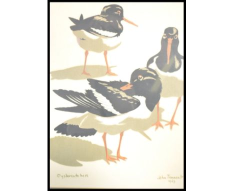 John Tennent (1926) -A framed and glazed picture print titled Oystercatchers, depicting three Oyster catchers on the shore li