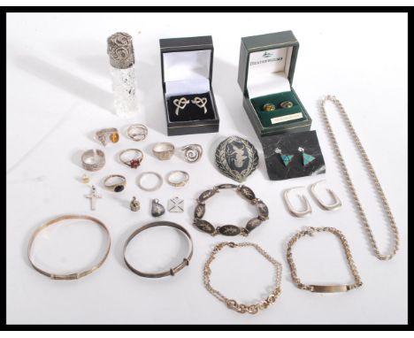 A group of vintage silver jewellery to include cased earrings , Neillo panel items , rope twist necklace , bangles , rings et