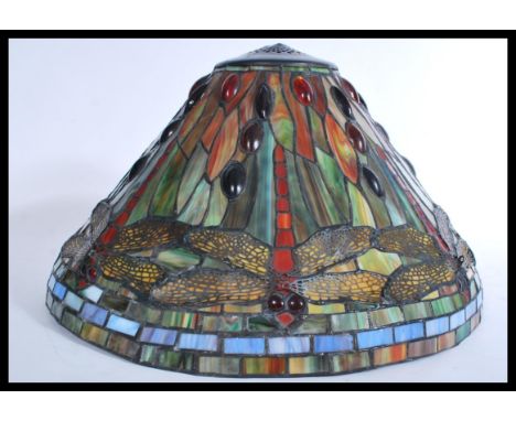 A&nbsp; large and fantastic Tiffany style leaded glass ceiling light. The conical shade depicting dragonflies with leaded mul