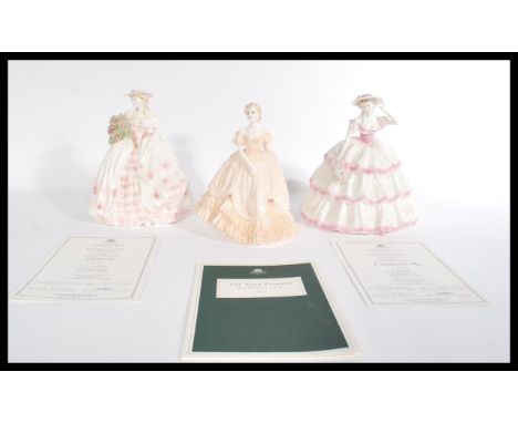 A group of three Coalport ceramic figurines Louisa Ladies of Fashion , Carnation Four Flowers 6301 / 12500 , and Rose Four Fl