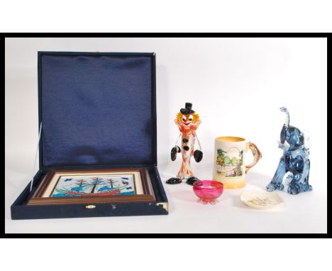 A Murano glass figurine of an elephant along with a Murano studio art glass clown , a Wade Tropical Fruit Gatherers tray , Vi