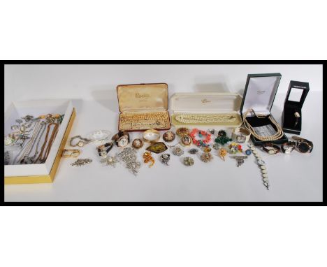 A good group of vintage costume jewellery to include silver clasp pearl necklace , coral bracelet , watches , brooches , Limo