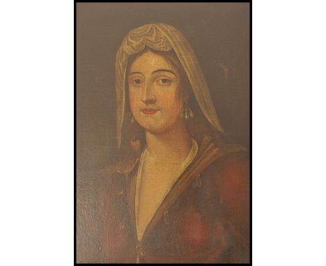 A 19th Century Italian School oil painting - portrait study of a young lady with veiled headdress and robes. Unsigned and set