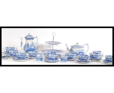 A collection of Spode blue and white willow pattern ceramics to include coffee pot, tea pot, cake stand, crescent shaped side