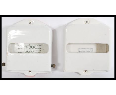 " LAVATORIANA " Two vintage white porcelain Jeyes Antiseptic Interleaved Toilet Paper holders. Pountney, Bristol. Both with o