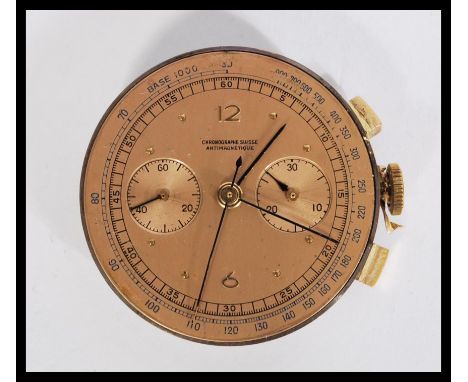 A vintage early to mid 20th century Chronographe Suisse chronograph wristwatch movement with twin subsiduary dials