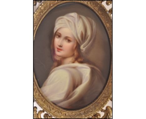 A German Berlin Porcelain Plaque, late 19th century, painted with a bust portrait of Beatrice Cenci after Guido Reni, the you