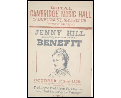 A vintage theater large canvas production prop reading ' Royal Cambridge Music Hall Jenny Hill Benefit ' with portrait of a l