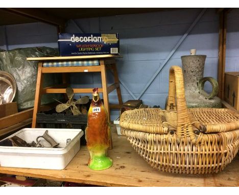 Lamp, tins, various tools etc.