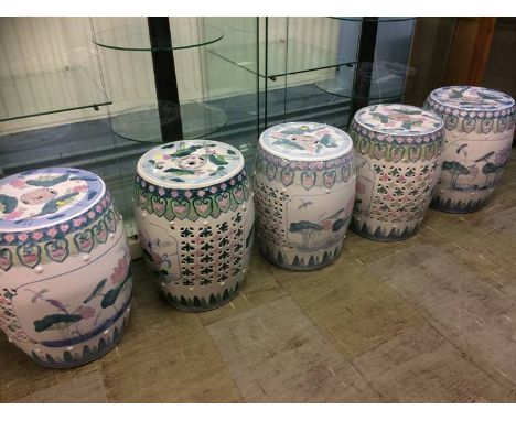 A set of five Oriental style ceramic barrel seats
