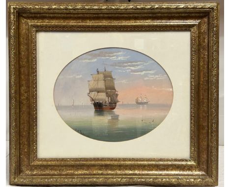 E. K. Redmore, oil on board depicting sailing boats near shore in calm waters. Oval image size 31 x 25cm, frame 47.5 x 53cm.