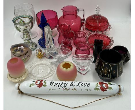 A quantity of glass, mainly 19thC to include a 'Unity &amp; Love' rolling pin, cranberry jugs etc, 2 x crystal salts, Thomas 