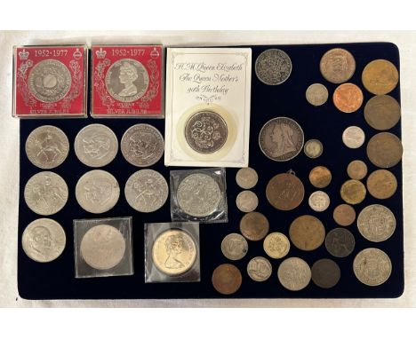 A collection of coins to include a 1897 Victoria crown 28gm, 13 x  crowns1960's-1980's, a 1921 threepence etc. and  a copper 