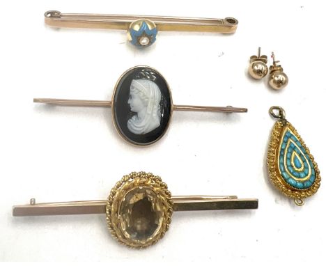 Three 19thC bar brooches, two unmarked yellow metal and one 9 carat gold with turquoise enamel and seed pearl, 9 carat gold s