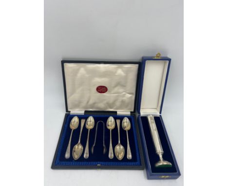 Set of six boxed silver spoons and sugar tongs Sheffield 1919 together with a boxed silver specimen vase Birmingham 1978, mak