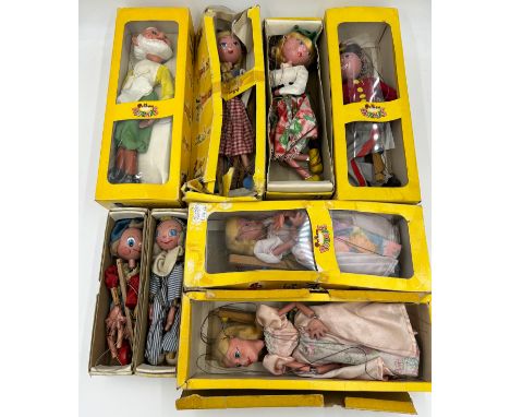 Eight vintage Pelham Puppets to include 2 x Jumpettes Andy Pandy &amp; Noddy, Gepetto, Fritzi, Two SL4 Cinderella, SM Girl an