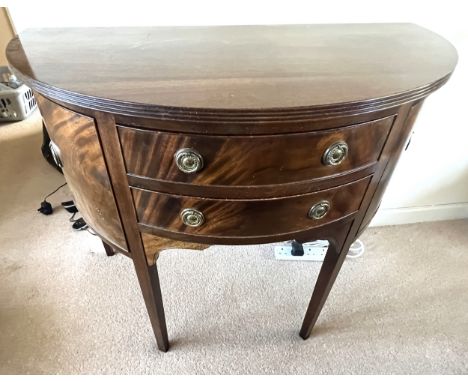 A 20thC mahogany Demi lune sideboard, signed R. Armstrong to top of drawer. 97cm w x 49.5cmk d x 80cm h