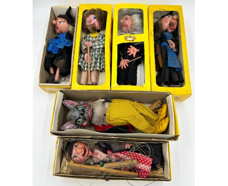 Five vintage Pelham Puppets with moveable jaws to include SM5 Schoolmaster, SL10 Wicked Witch, Witch with Broomstick, SM Farm