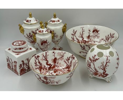 A collection of Coalport Indian Tree Coral to include 2 x large bowls largest measuring 26cm diameter. 3 x lidded urns, a squ